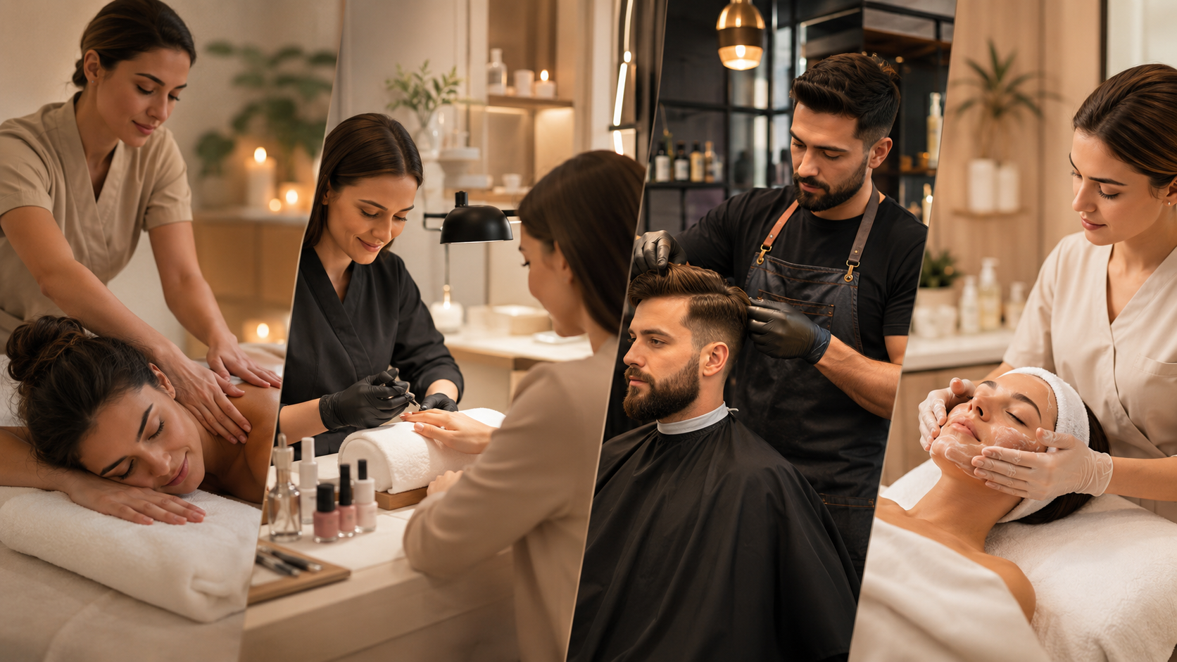 Mosaico de servicios de belleza y bienestar: masaje, uñas, barbería y limpieza facial.